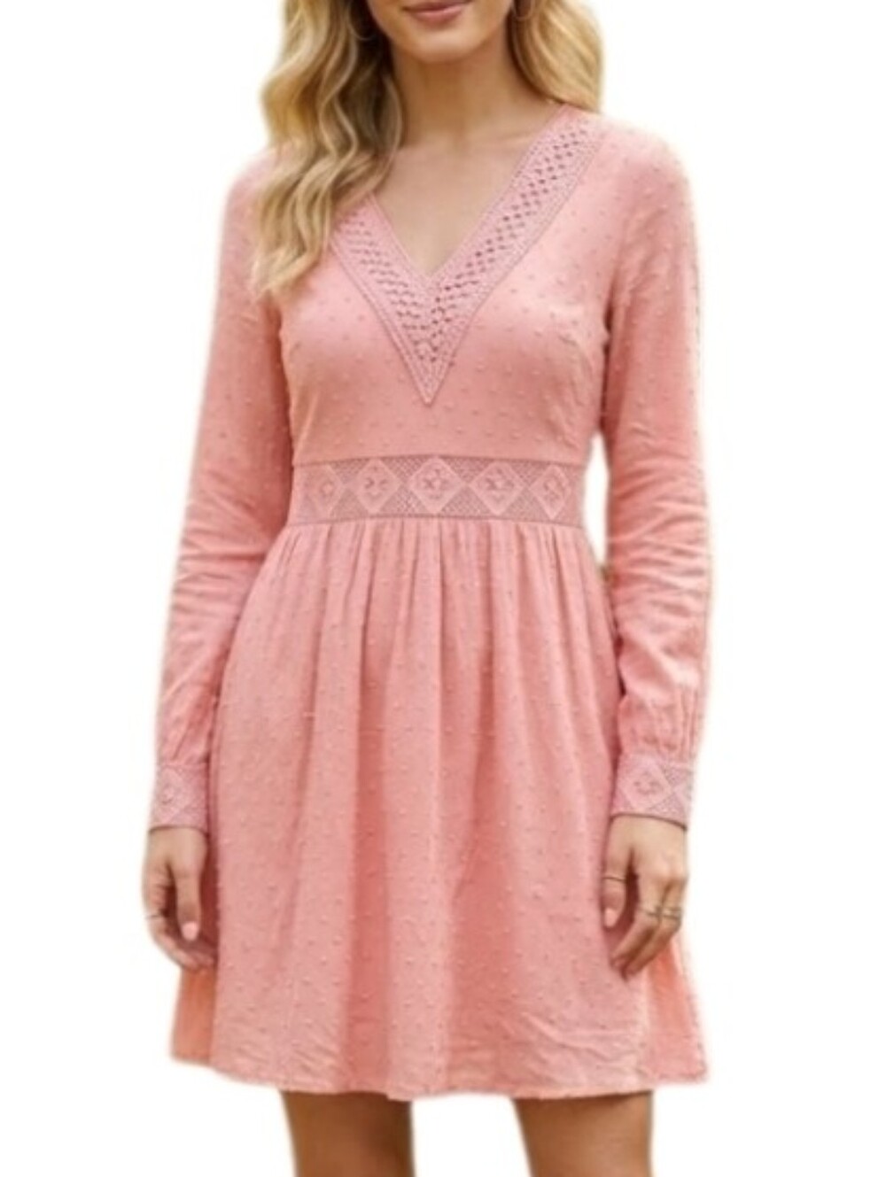 Emory Park Dress Long Sleeve Embroidery Detail Peach XXS